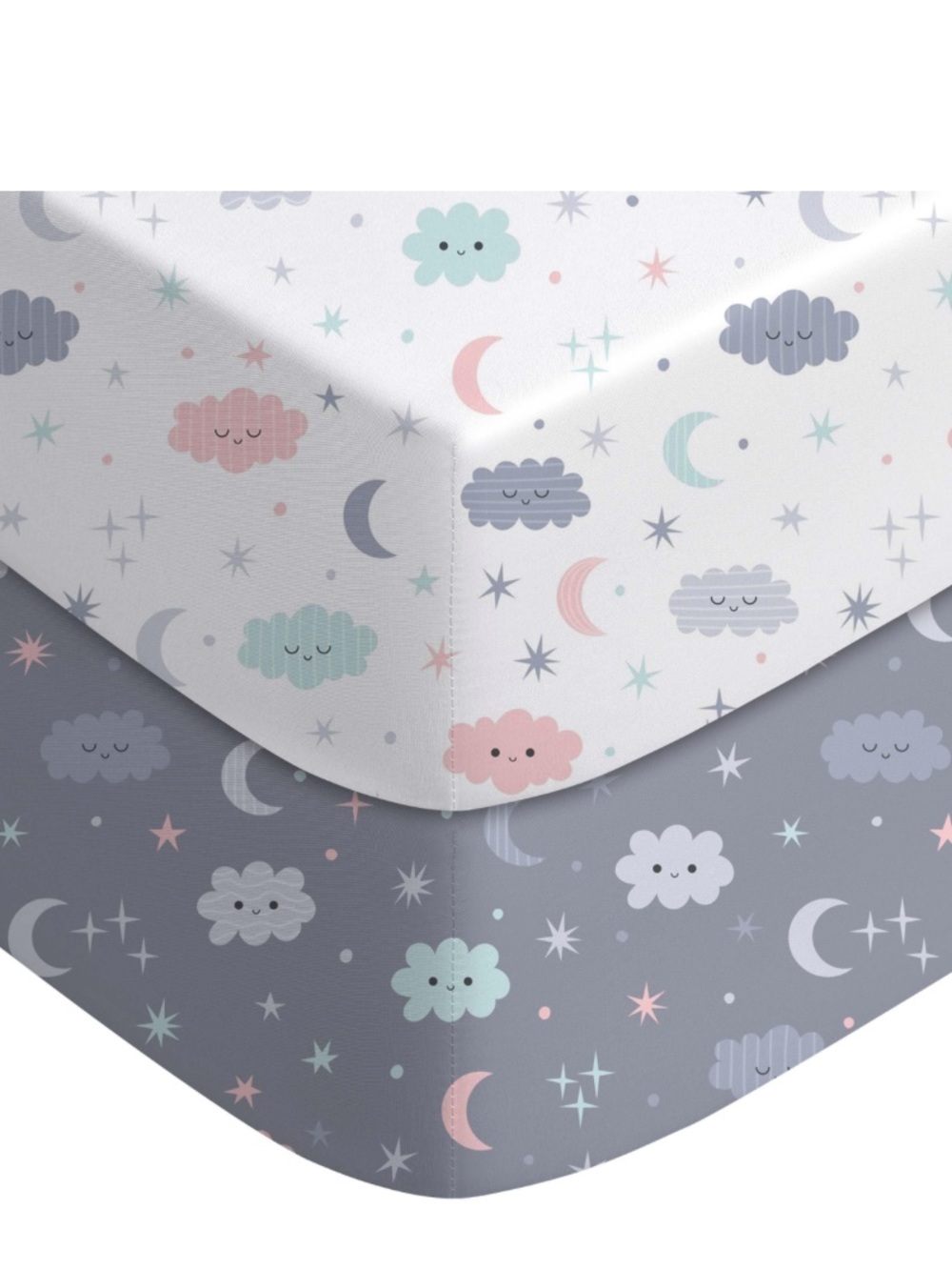 Smiling Clouds Fitted Sheets - Pink, Mint & Gray (2-Pack)